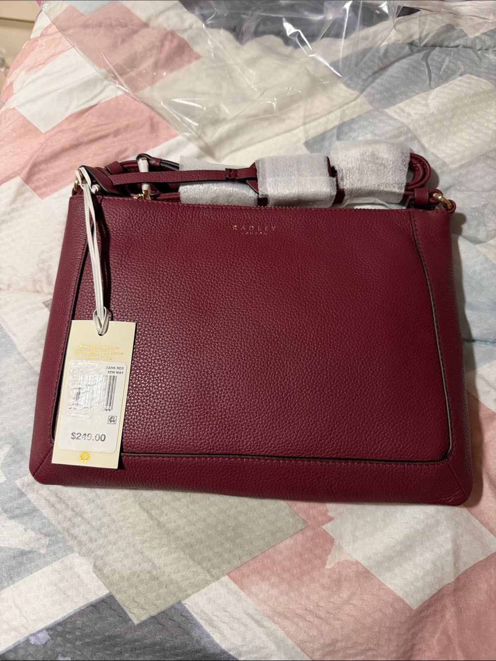 RADLEY LONDON Burgundy Pebbled Leather Satchel with Gold Hardware
